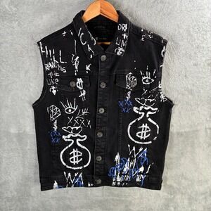 Waimea Black Denim‎ Vest Medium Graffiti Streetwear Indie Festival Art to Wear
